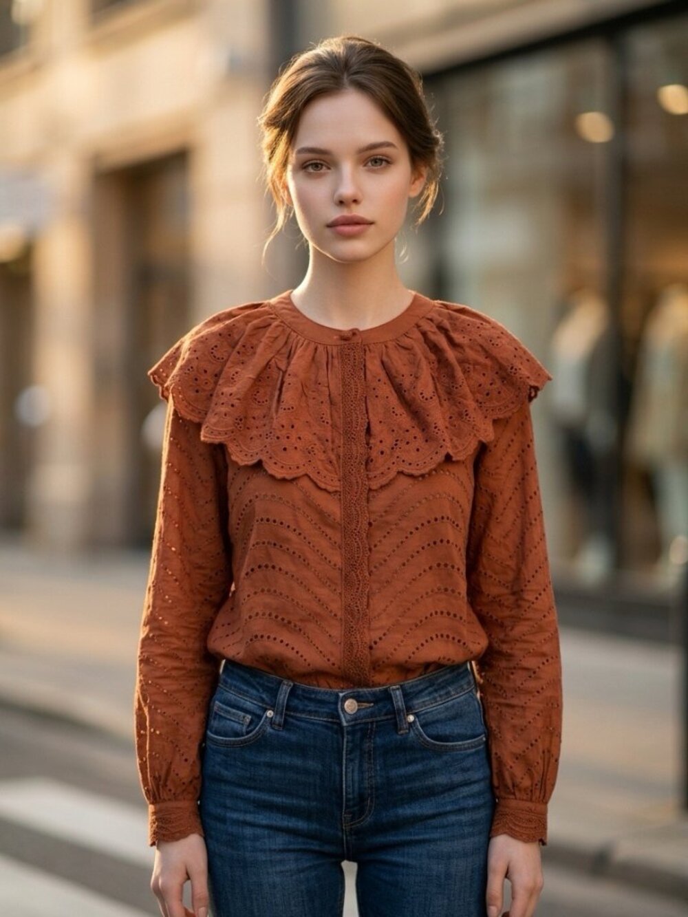 NWT Caroline Constas Rust Eyelet Ruffle Cotton Blouse Size M